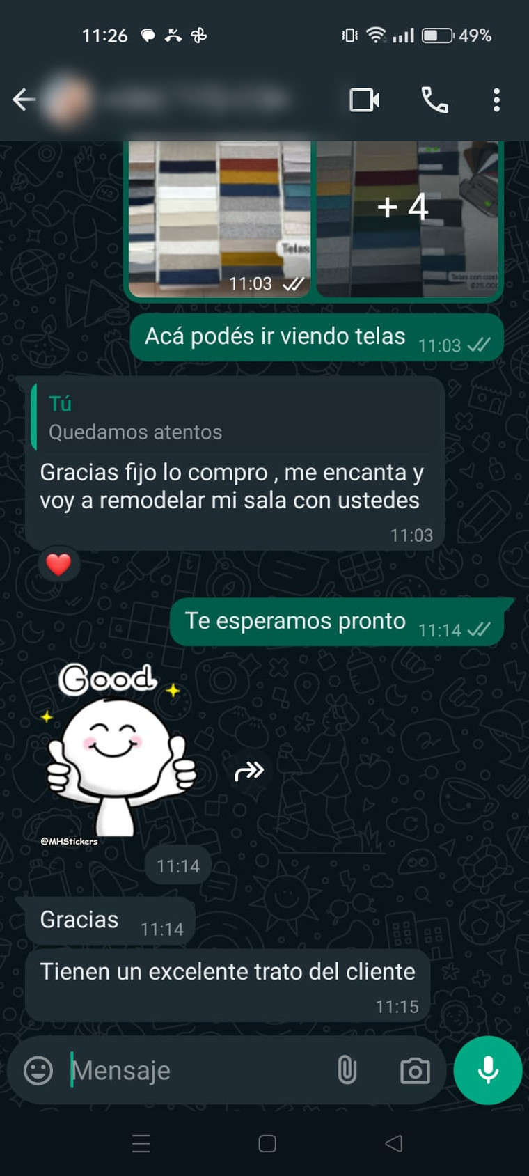 Conversación de WhatsApp: le envían fotos de las telas disponibles y la clienta escoge la suya