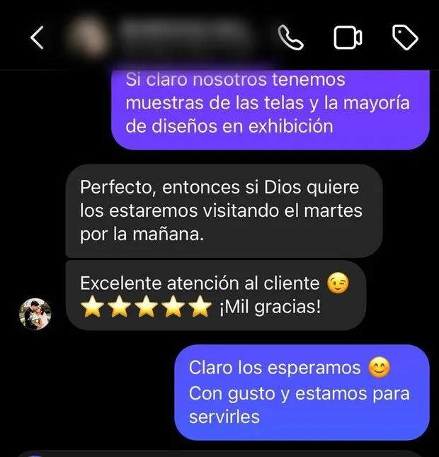 Mensaje de un cliente de Distrito Design: atención en tienda