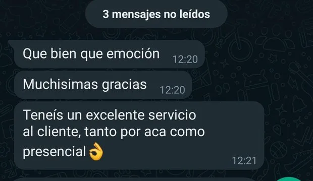 Mensaje de un cliente de Distrito Design: servicio en tienda y por mensaje