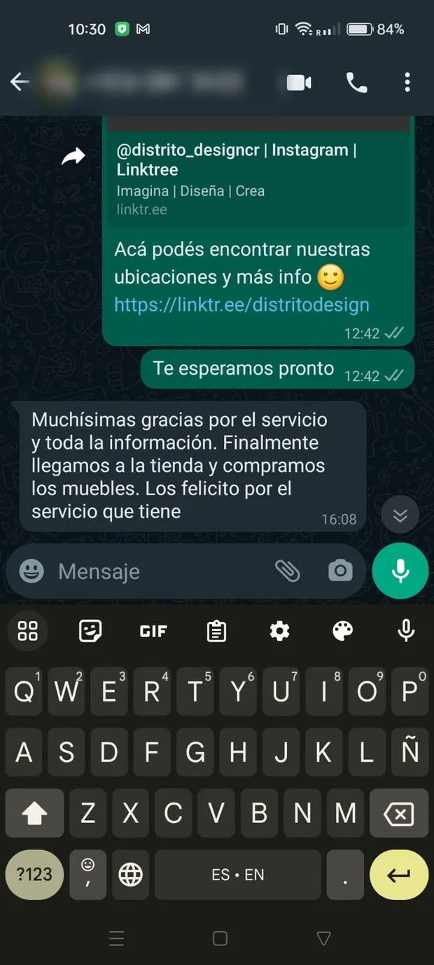 Mensaje de un cliente de Distrito Design: visitaron la tienda y se llevaron los muebles