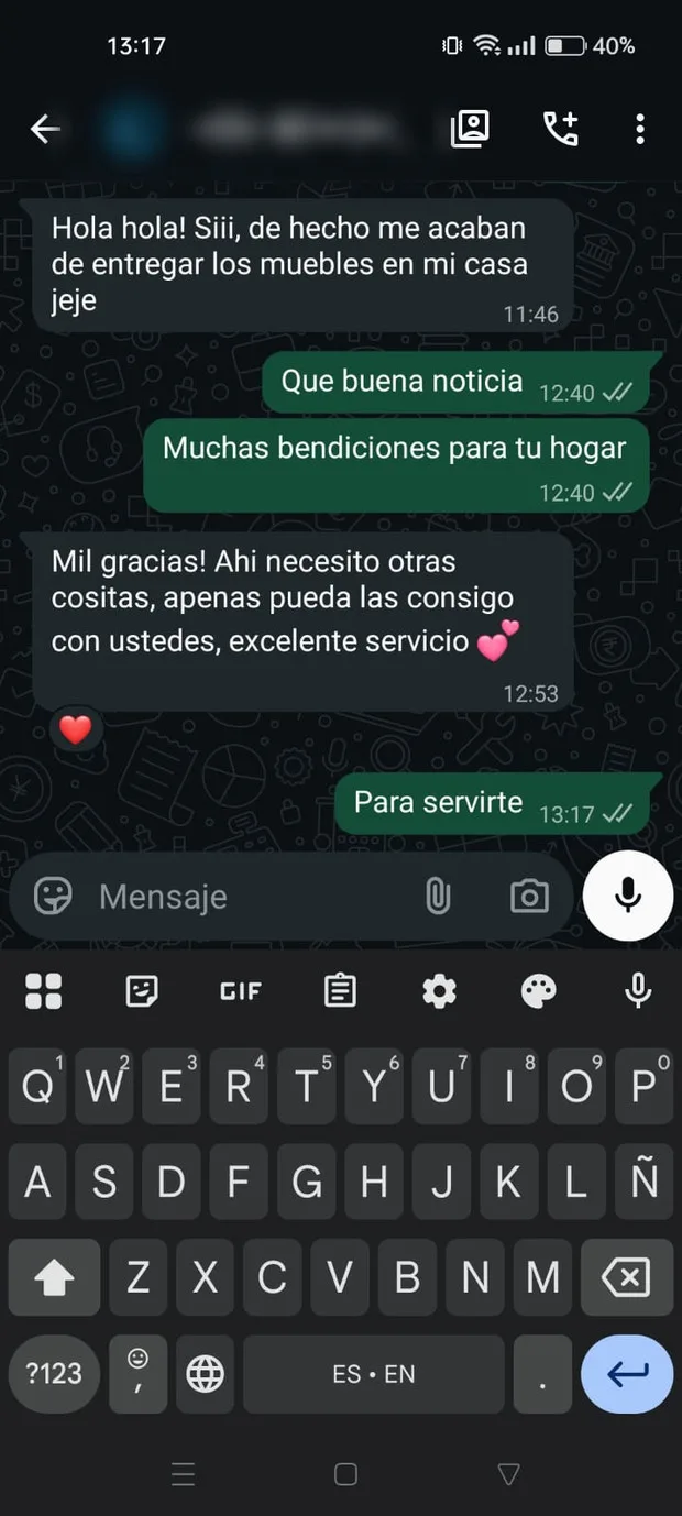 Mensaje de un cliente de Distrito Design: entrega de muebles a domicilio
