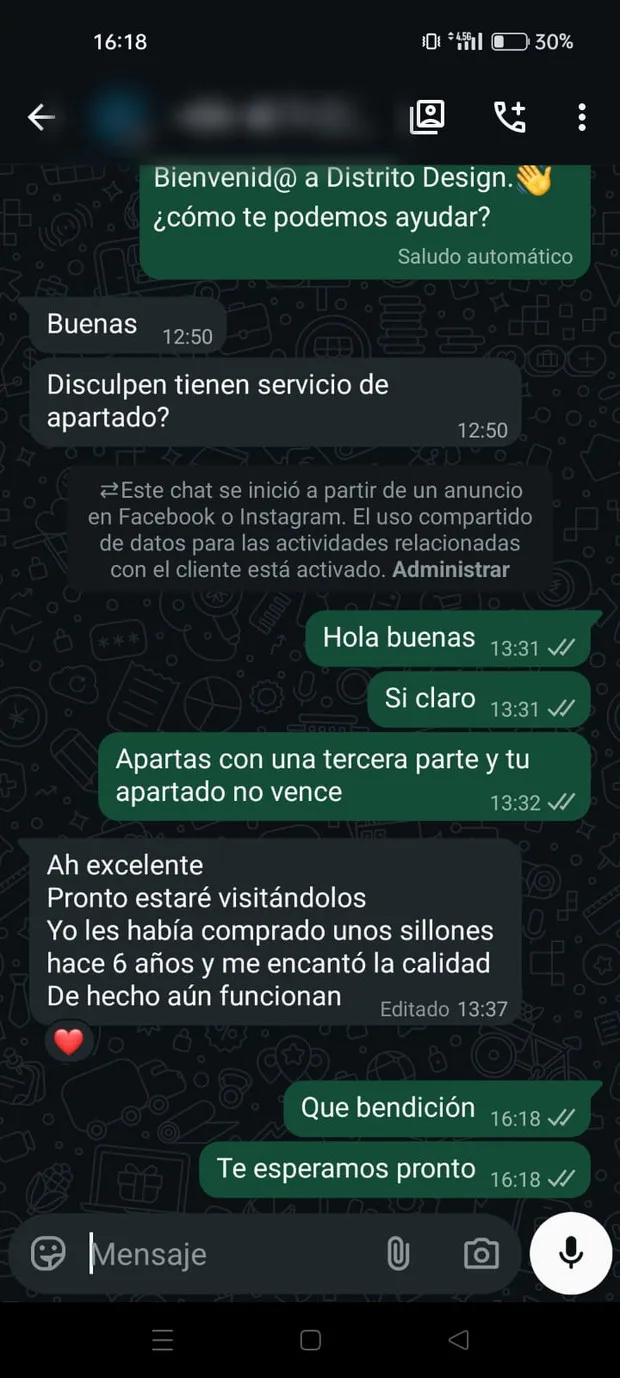 Mensaje de un cliente de Distrito Design: vuelve a comprar seis años después: los primeros sillones siguen funcionando
